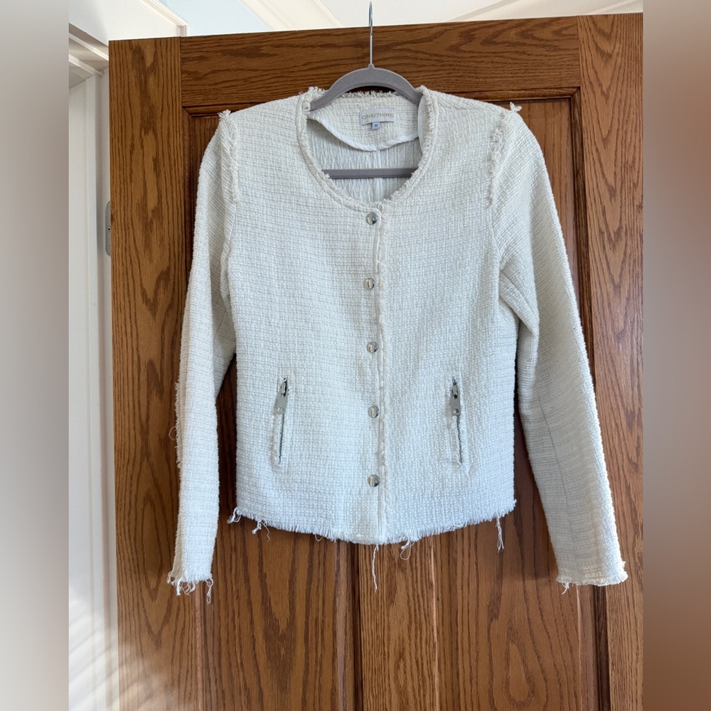 Women’s Cream Fringe-Trim Tweed Jacket, Size medium - Picture 2 of 4